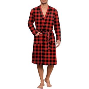 Ekouaer Mens Robes Lightweight Knit Bathrobe Long Sleeve Kimono Robe V Neck Spa Knee Length Sleepwear with Pockets S-XXL(Red Plaid)