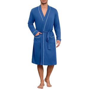 Ekouaer Mens Robes Lightweight Knit Bathrobe Long Sleeve Kimono Robe V Neck Spa Knee Length Sleepwear with Pockets S-XXL(Royal Blue)