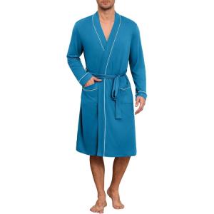 Ekouaer Mens Robes Lightweight Knit Bathrobe Long Sleeve Kimono Robe V Neck Spa Knee Length Sleepwear with Pockets S-XXL(Turquoise)