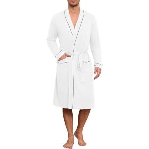 Ekouaer Mens Robes Lightweight Knit Bathrobe Long Sleeve Kimono Robe V Neck Spa Knee Length Sleepwear with Pockets S-XXL(White)