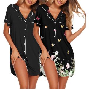 Ekouaer Nightgowns for Women 2 Pack Button Down Sleepwear Short Sleeve Sleepshirts Soft Nightshirts Boyfriend Pajama Dress(Black/Black Butterfly)