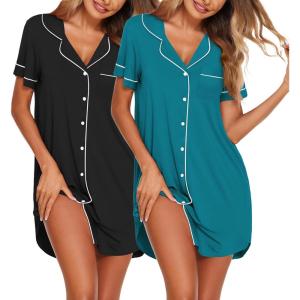 Ekouaer Nightgowns for Women 2 Pack Button Down Sleepwear Short Sleeve Sleepshirts Soft Nightshirts Boyfriend Pajama Dress(Black/Blue Green)