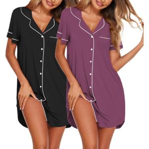 Ekouaer Nightgowns for Women 2 Pack Button Down Sleepwear Short Sleeve Sleepshirts Soft Nightshirts Boyfriend Pajama Dress(Black/Purple Red)