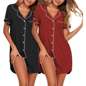 Ekouaer Nightgowns for Women 2 Pack Button Down Sleepwear Short Sleeve Sleepshirts Soft Nightshirts Boyfriend Pajama Dress(Black/Wine Red)