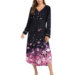 Ekouaer Nightgowns for Women Long Sleeve Nightgown Long Sleepwear Button Down Sleep Shirt Soft Night Gown S-4XL(Black Cherry Blossoms)