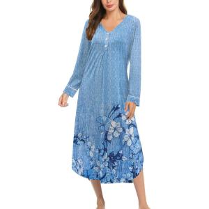 Ekouaer Nightgowns for Women Long Sleeve Nightgown Long Sleepwear Button Down Sleep Shirt Soft Night Gown S-4XL(Blue Floral)