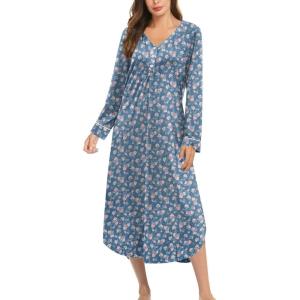 Ekouaer Nightgowns for Women Long Sleeve Nightgown Long Sleepwear Button Down Sleep Shirt Soft Night Gown S-4XL(Blue-red Flowers)