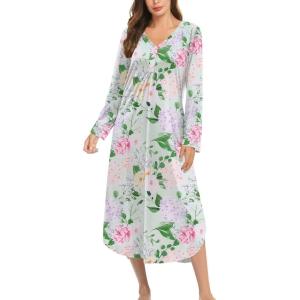 Ekouaer Nightgowns for Women Long Sleeve Nightgown Long Sleepwear Button Down Sleep Shirt Soft Night Gown S-4XL(Green Floral)