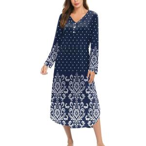 Ekouaer Nightgowns for Women Long Sleeve Nightgown Long Sleepwear Button Down Sleep Shirt Soft Night Gown S-4XL(Navy Floral)