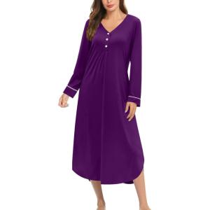 Ekouaer Nightgowns for Women Long Sleeve Nightgown Long Sleepwear Button Down Sleep Shirt Soft Night Gown S-4XL(Purple)