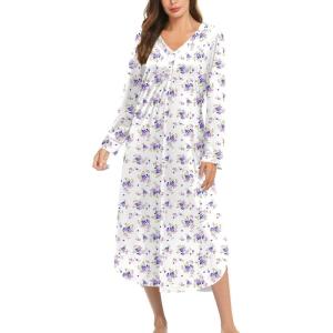 Ekouaer Nightgowns for Women Long Sleeve Nightgown Long Sleepwear Button Down Sleep Shirt Soft Night Gown S-4XL(Purple Floral)