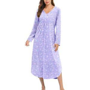 Ekouaer Nightgowns for Women Long Sleeve Nightgown Long Sleepwear Button Down Sleep Shirt Soft Night Gown S-4XL(Purple Flowers)