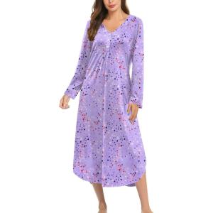 Ekouaer Nightgowns for Women Long Sleeve Nightgown Long Sleepwear Button Down Sleep Shirt Soft Night Gown S-4XL(Purple Stars)