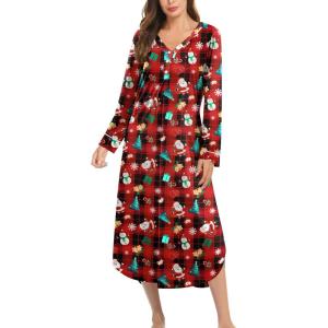 Ekouaer Nightgowns for Women Long Sleeve Nightgown Long Sleepwear Button Down Sleep Shirt Soft Night Gown S-4XL(Red Christmas)