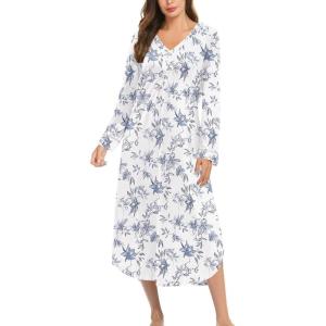 Ekouaer Nightgowns for Women Long Sleeve Nightgown Long Sleepwear Button Down Sleep Shirt Soft Night Gown S-4XL(White Flower)