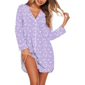 Ekouaer Nightgowns for Women Long Sleeve Nightshirt Button Down Sleepshirt Nightdress Boyfriend Sleepwear S-XXXL(Floral Purple)