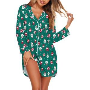 Ekouaer Nightgowns for Women Long Sleeve Nightshirt Button Down Sleepshirt Nightdress Boyfriend Sleepwear S-XXXL(Green Christmas)