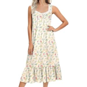 Ekouaer Nightgowns for Women Long Sleeveless Night Gown Victorian Nightdress Button Sleepshirt Soft Sleepwear S-XXXL(Beige Floral)