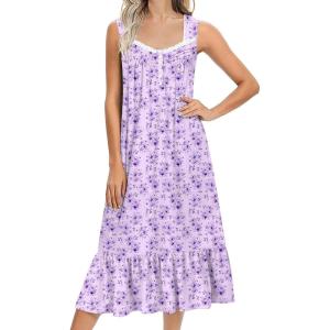 Ekouaer Nightgowns for Women Long Sleeveless Night Gown Victorian Nightdress Button Sleepshirt Soft Sleepwear S-XXXL(Dark Purple Floral)