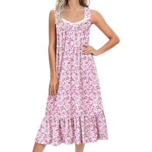 Ekouaer Nightgowns for Women Long Sleeveless Night Gown Victorian Nightdress Button Sleepshirt Soft Sleepwear S-XXXL(Floral Pink)