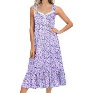 Ekouaer Nightgowns for Women Long Sleeveless Night Gown Victorian Nightdress Button Sleepshirt Soft Sleepwear S-XXXL(Purple Dots)