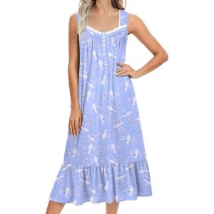 Ekouaer Nightgowns for Women Long Sleeveless Night Gown Victorian Nightdress Button Sleepshirt Soft Sleepwear S-XXXL(White Bird)