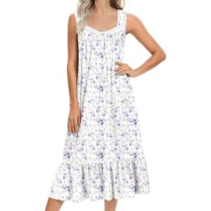 Ekouaer Nightgowns for Women Long Sleeveless Night Gown Victorian Nightdress Button Sleepshirt Soft Sleepwear S-XXXL(White Purple Floral)