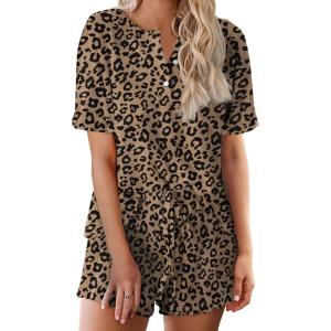 Ekouaer Pajamas Set for Women Short Sleeve Lounge Set 2 Piece Loungewear PJs Soft Cute Lightweight Sleepwear(Brown Black Leopard)