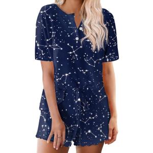 Ekouaer Pajamas Set for Women Short Sleeve Lounge Set 2 Piece Loungewear PJs Soft Cute Lightweight Sleepwear(Navy Blue Star)