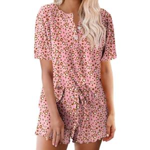 Ekouaer Pajamas Set for Women Short Sleeve Lounge Set 2 Piece Loungewear PJs Soft Cute Lightweight Sleepwear(Pink Leopard)