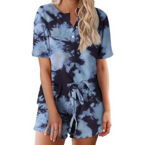 Ekouaer Pajamas Set for Women Short Sleeve Lounge Set 2 Piece Loungewear PJs Soft Cute Lightweight Sleepwear(Tie Dye Black Blue Dark)