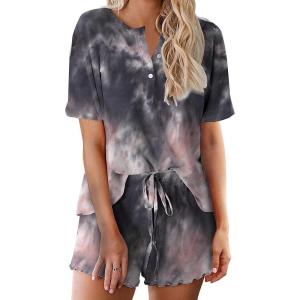 Ekouaer Pajamas Set for Women Short Sleeve Lounge Set 2 Piece Loungewear PJs Soft Cute Lightweight Sleepwear(Tie Dye Black Pink)