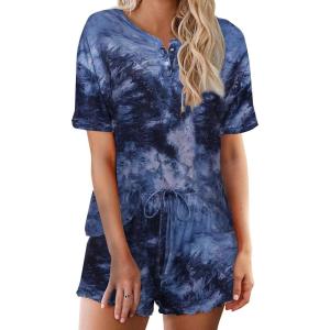 Ekouaer Pajamas Set for Women Short Sleeve Lounge Set 2 Piece Loungewear PJs Soft Cute Lightweight Sleepwear(Tie Dye Blue)