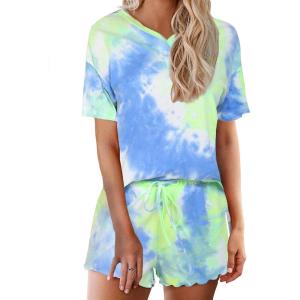 Ekouaer Pajamas Set for Women Short Sleeve Lounge Set 2 Piece Loungewear PJs Soft Cute Lightweight Sleepwear(Tie Dye Blue Green)