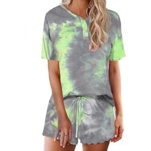 Ekouaer Pajamas Set for Women Short Sleeve Lounge Set 2 Piece Loungewear PJs Soft Cute Lightweight Sleepwear(Tie Dye Gray Green)