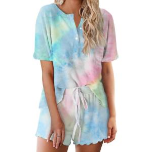 Ekouaer Pajamas Set for Women Short Sleeve Lounge Set 2 Piece Loungewear PJs Soft Cute Lightweight Sleepwear(Tie Dye Light Blue)