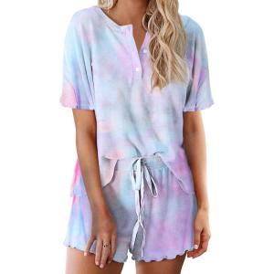 Ekouaer Pajamas Set for Women Short Sleeve Lounge Set 2 Piece Loungewear PJs Soft Cute Lightweight Sleepwear(Tie Dye Light Blue Purple)