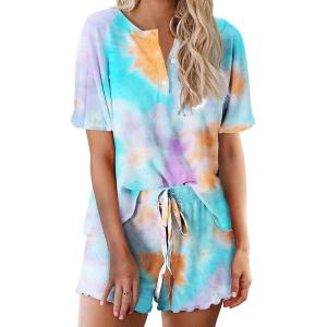 Ekouaer Pajamas Set for Women Short Sleeve Lounge Set 2 Piece Loungewear PJs Soft Cute Lightweight Sleepwear(Tie Dye Orange Blue Purple)