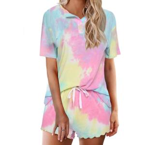 Ekouaer Pajamas Set for Women Short Sleeve Lounge Set 2 Piece Loungewear PJs Soft Cute Lightweight Sleepwear(Tie Dye Pink Yellow)