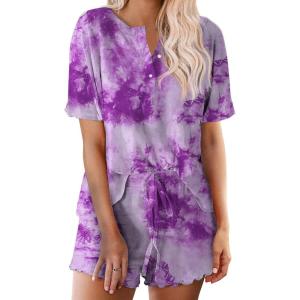 Ekouaer Pajamas Set for Women Short Sleeve Lounge Set 2 Piece Loungewear PJs Soft Cute Lightweight Sleepwear(Tie Dye Purple White)