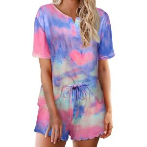 Ekouaer Pajamas Set for Women Short Sleeve Lounge Set 2 Piece Loungewear PJs Soft Cute Lightweight Sleepwear(Tie Dye Rainbow)
