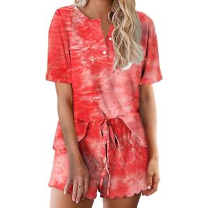 Ekouaer Pajamas Set for Women Short Sleeve Lounge Set 2 Piece Loungewear PJs Soft Cute Lightweight Sleepwear(Tie Dye Red)