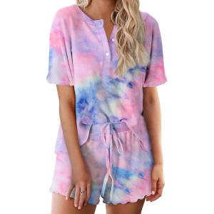 Ekouaer Pajamas Set for Women Short Sleeve Lounge Set 2 Piece Loungewear PJs Soft Cute Lightweight Sleepwear(Tie Dye Rose Red Blue)