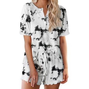 Ekouaer Pajamas Set for Women Short Sleeve Lounge Set 2 Piece Loungewear PJs Soft Cute Lightweight Sleepwear(Tie Dye White Black)