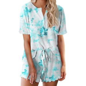 Ekouaer Pajamas Set for Women Short Sleeve Lounge Set 2 Piece Loungewear PJs Soft Cute Lightweight Sleepwear(Tie Dye White Green)