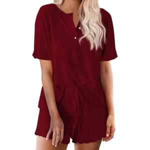 Ekouaer Pajamas Set for Women Short Sleeve Lounge Set 2 Piece Loungewear PJs Soft Cute Lightweight Sleepwear(Wine Red)