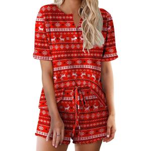 Ekouaer Pajamas Set for Women Short Sleeve Lounge Set 2 Piece Loungewear PJs Soft Cute Lightweight Sleepwear(Xmas Red)