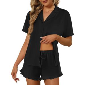 Ekouaer Pajamas Set for Women Short Sleeve Sleepwear Button Down Pjs Lounge Sets Soft Nightwear(Black)