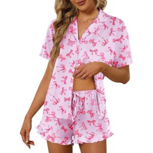 Ekouaer Pajamas Set for Women Short Sleeve Sleepwear Button Down Pjs Lounge Sets Soft Nightwear(Bow)