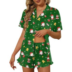 Ekouaer Pajamas Set for Women Short Sleeve Sleepwear Button Down Pjs Lounge Sets Soft Nightwear(Christmas Green)